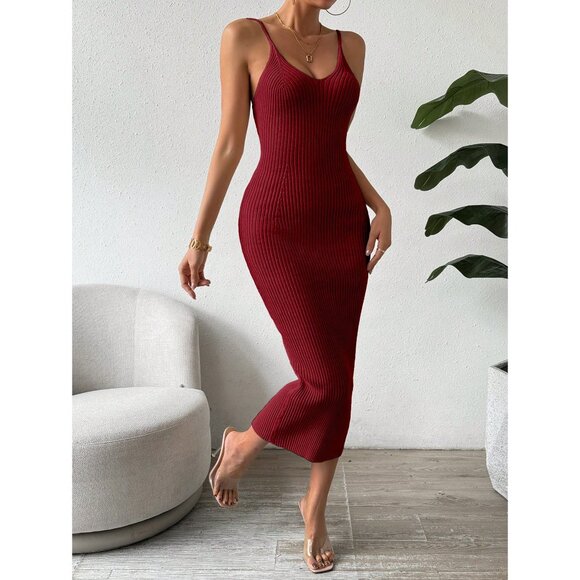 Ribbed knit light-weight sweater dress midi fitted black - Picture 5 of 6